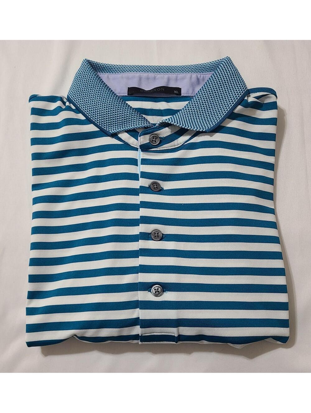 Greyson Golf Polo Shirt Mens Sz XL Blue White Stripe Performance Wolf Luxury EUC